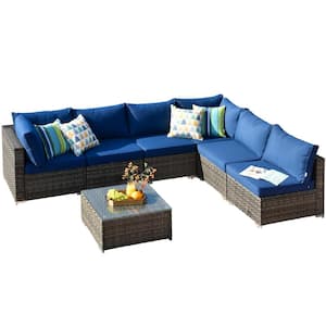 Gemini 7-Piece Wicker Outdoor Sectional Set with Navy Blue Cushions