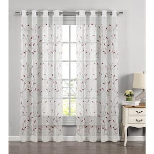 Wavy Leaves Red Polyester Faux Linen 54 in. W x 63 in. L Embroidered Grommet Sheer Curtain (Single Panel)
