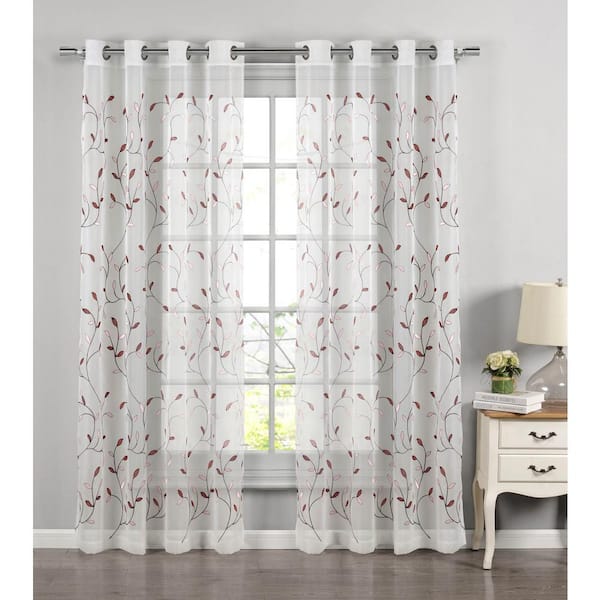 CREATIVE HOME IDEAS Wavy Leaves Red Polyester Faux Linen 54 in. W x 63 in. L Embroidered Grommet Sheer Curtain (Single Panel)
