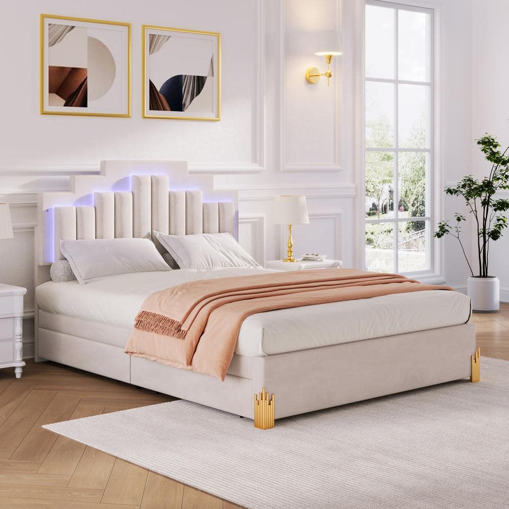 Harper & Bright Designs Beige Wood Frame Queen Size Velvet Upholstered  Platform Bed with Stylish Irregular Metal Legs, LED Lights and 4 Drawers 
