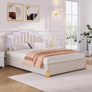 Beige Wood Frame Queen Size Velvet Upholstered Platform Bed with Stylish Irregular Metal Legs, LED Lights and 4 Drawers