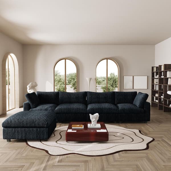 157.48 in. Rabbit Plush Fabric Square Arm 5-Piece Modular Free Combination Sectional Sofa in. Black