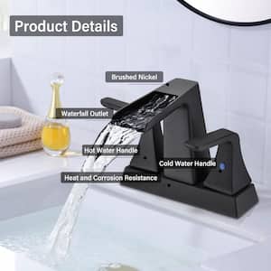 Monset Waterfall 4 in. Centerset Double Handle Low Arc Bathroom Faucet with Pop-Up Drain in Matte Black