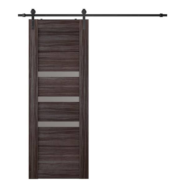 Belldinni Dora 28 in. x 84 in. 3-Lite Frosted Glass Gray Oak Wood Composite Sliding Barn Door with Hardware Kit