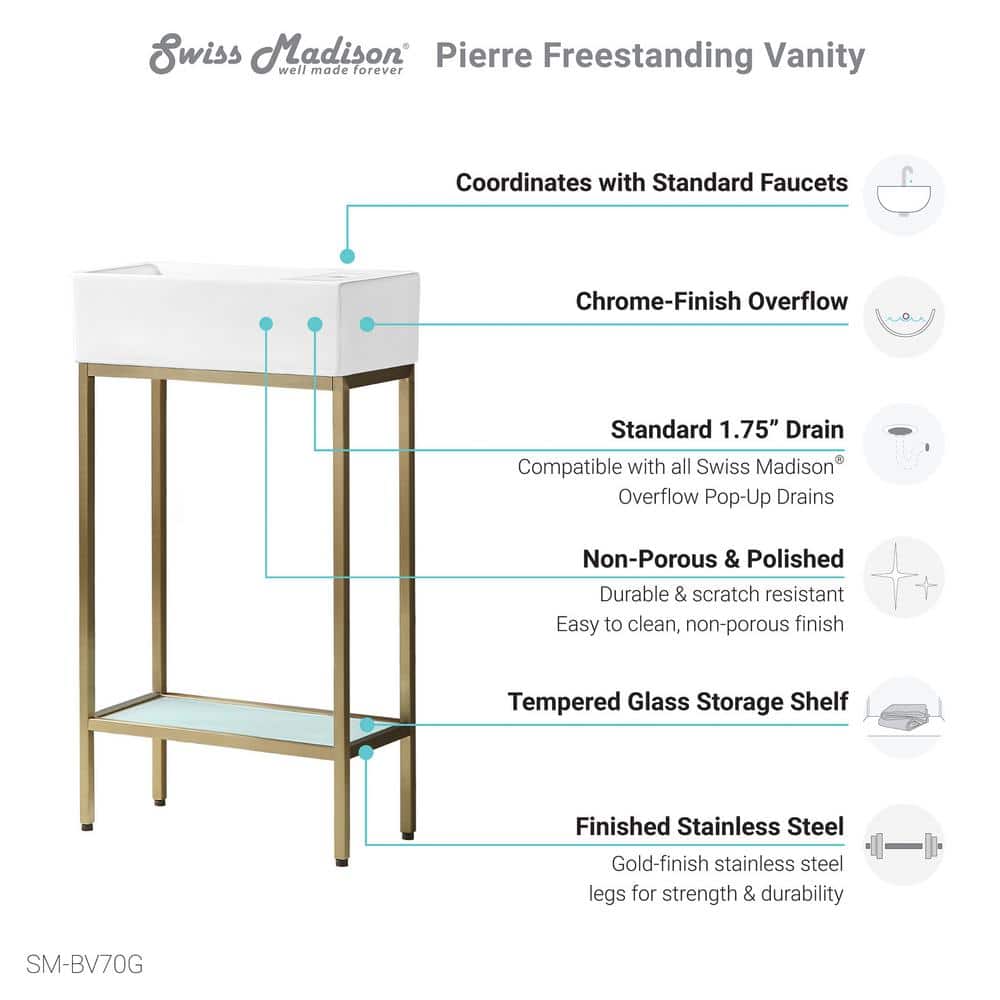Pierre 19.5" Gold Metal Frame Freestanding Bathroom Vanity with Glass Shelf