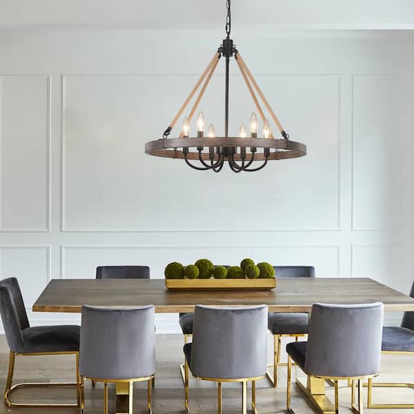 6-Light Natural Hemp Rope Candlestick Wagon Wheel Chandelier Linear Chandelier Lighting for Kitchen Island