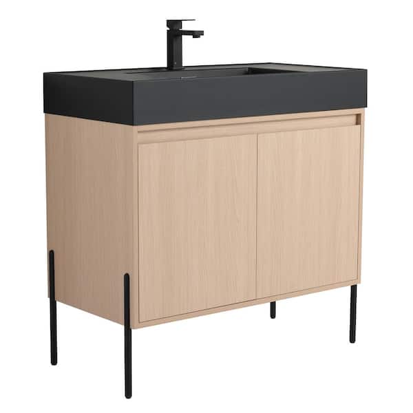 Crownpoint 36 in. Freestanding Single White Oak Bathroom Vanity with Black Acrylic Sink Top Unassembled