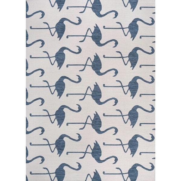 Liana Casual Coastal Flamingos 2-Tone White/Navy 3 ft. x 5 ft. Indoor/Outdoor Area Rug