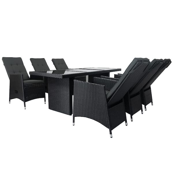 Zeus & Ruta 7-Piece Black Wicker Outdoor Dining Set with Adjustable Backrest, Dark Gray Cushions for Patio, Balcony, Porch