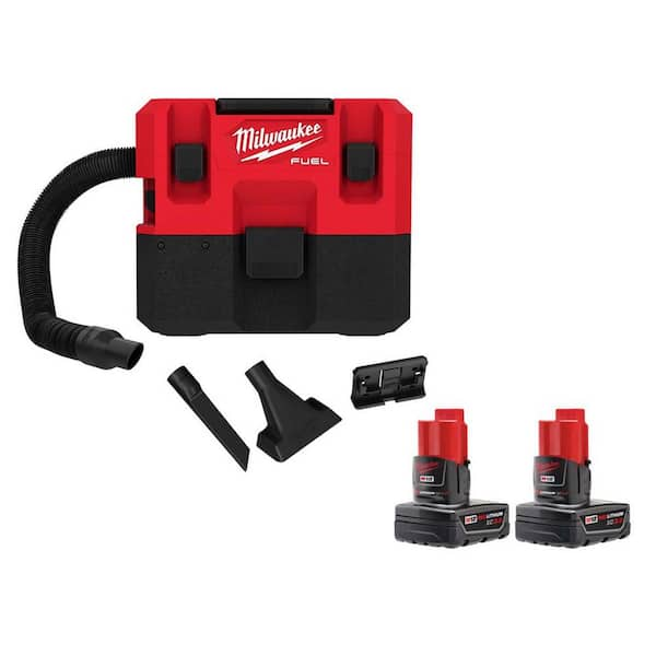 Milwaukee M12 FUEL 12 Volt Lithium Ion Cordless 1.6 Gal. Wet Dry Vacuum w 2 M12 12 Volt Lithium Ion XC 3.0Ah Batteries 0960 20 48 11 2412 The Home Depot