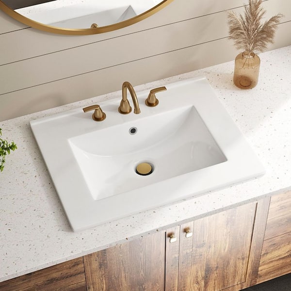 Rectangular Drop-In Bathroom Sink 24 in. x 18 in. White Ceramic Semi-Recessed Vessel Sink with Widespread Faucet Holes