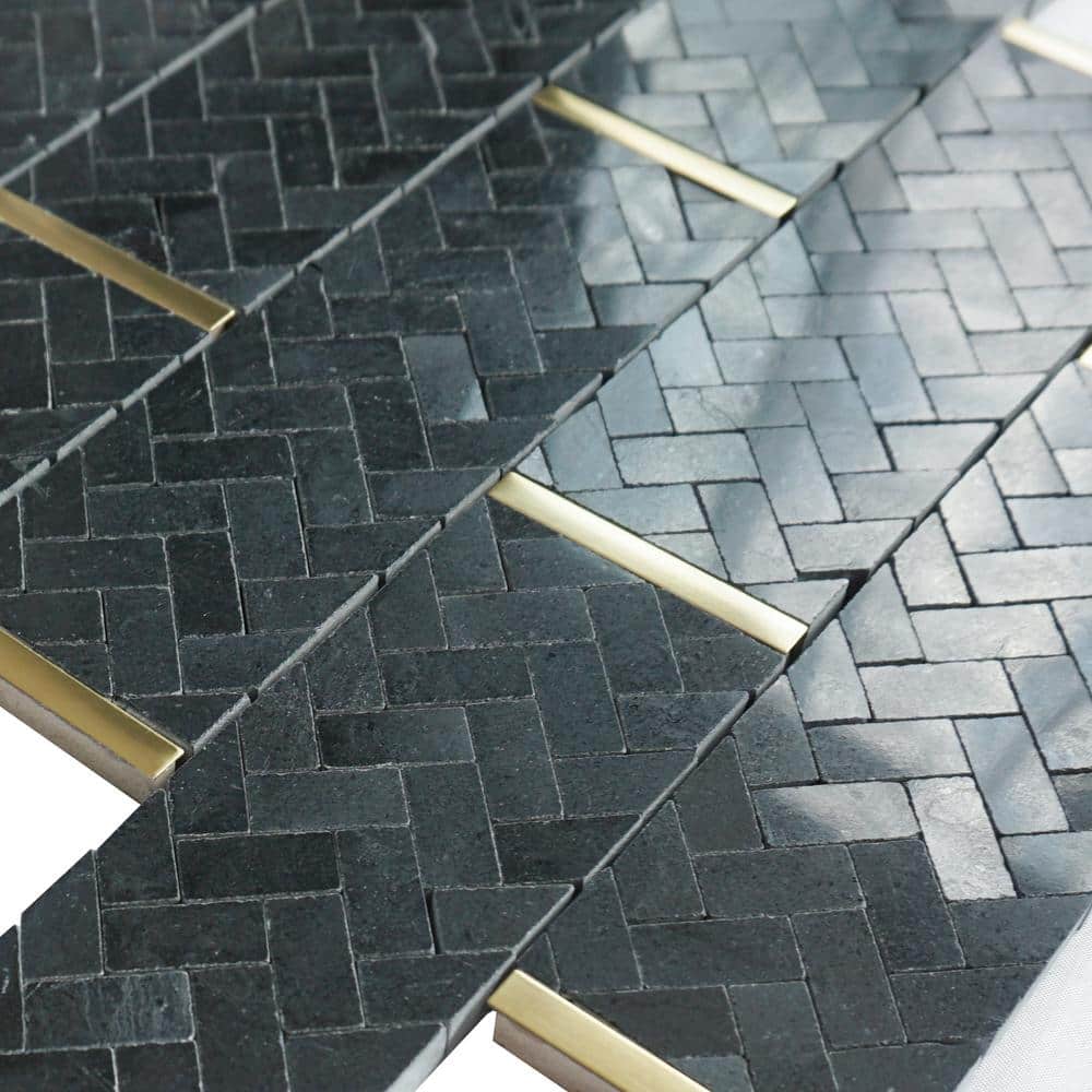 Black and Gold Polished Marble Brick Joint Mosaic Tile