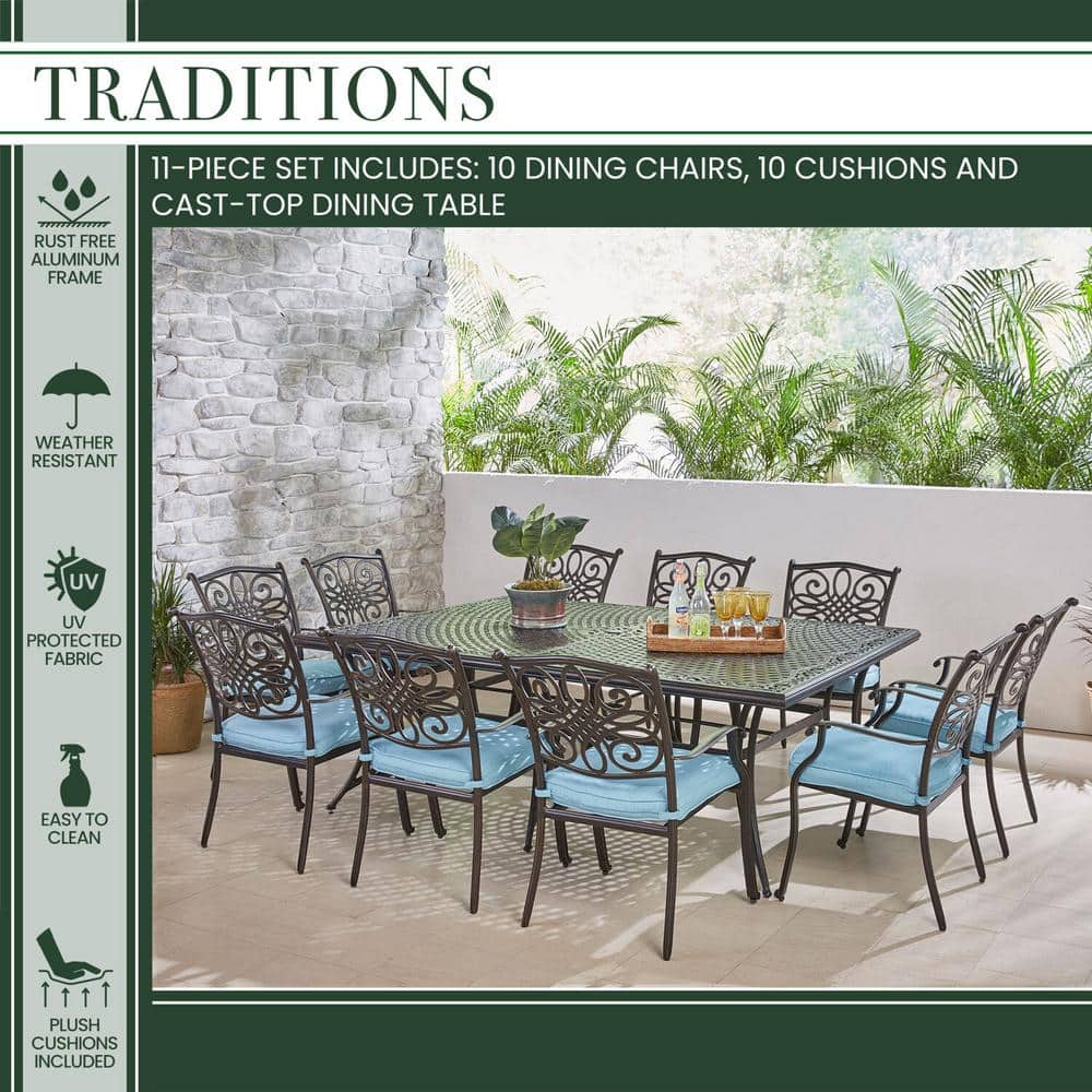 Hanover Traditions Elegant Bronze 11-Piece Outdoor Dining Set with Blue Cushions