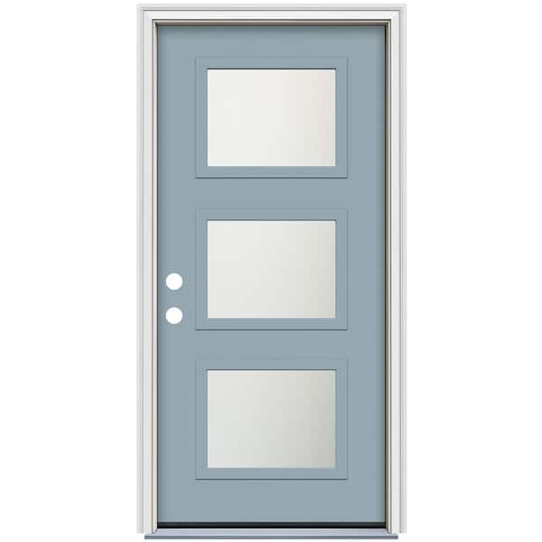 36 in. x 80 in. Right-Hand Craftsman Decorative Impact Glass Blue Painted Fiberglass Prehung Front Door w/Brickmould