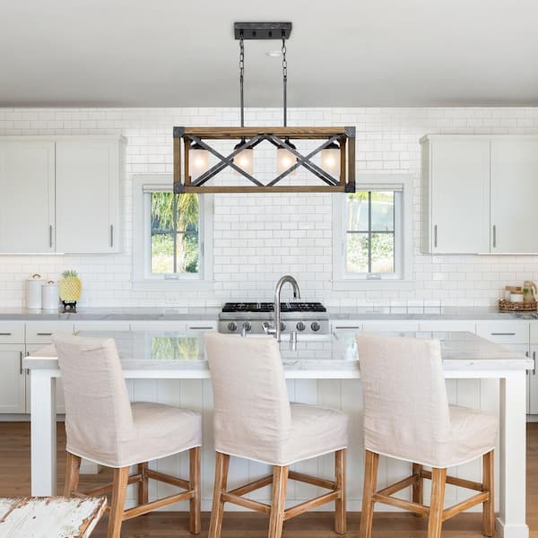 Farmhouse Dining Room Chandelier 4-Light Brown Wood Kitchen Island Pendant with White Frosted Glass Raw Iron Accents
