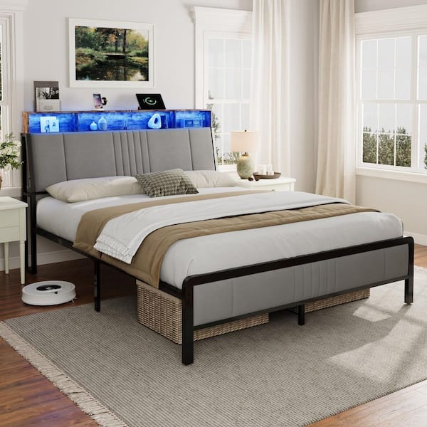 Gray Iron Frame Queen Platform Bed with Storage Headboard, Charging Station, Led Lights, No Box Spring Needed, Noiseless