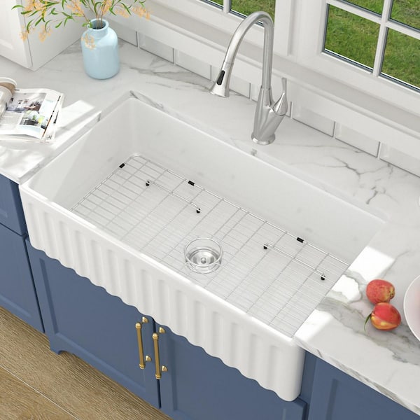 LORDEAR 36 in. Farmhouse Apron-Front Single Bowl White Ceramic Kitchen Sink with Bottom Grid and Strainer