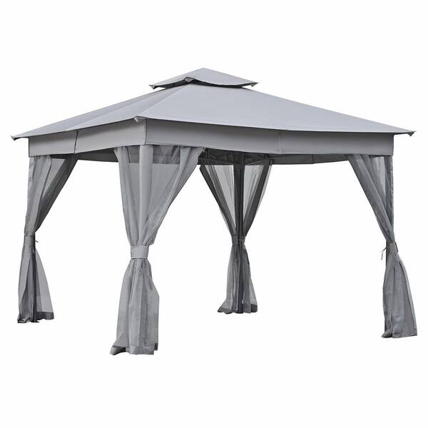 10 ft. x 10 ft. Grey Polyester and Steel Outdoor Patio Gazebo Tent Canopy with Double Roofs Mosquito Netting