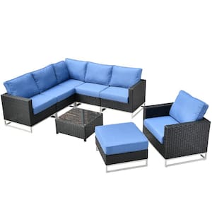 Aries Black 8-Piece No Assembly Wicker Outdoor Patio Conversation Sectional Sofa Set with Blue Cushions