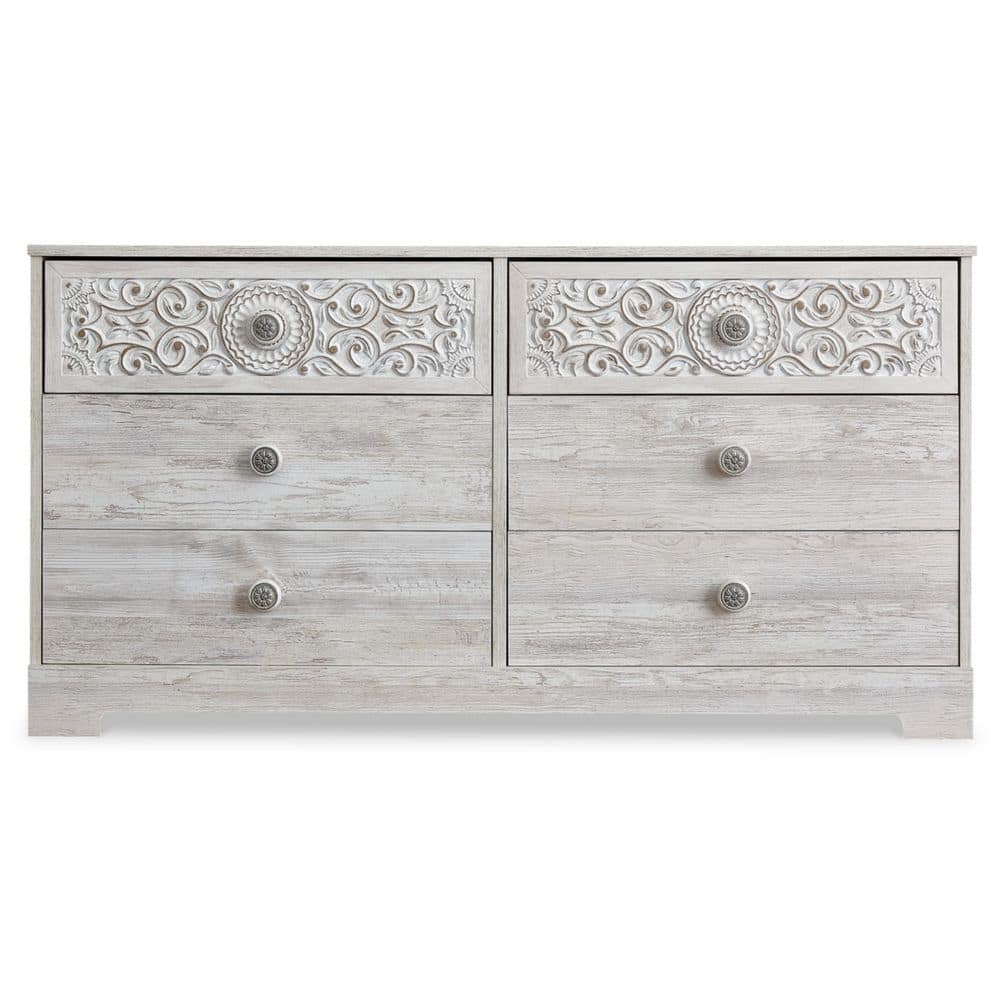 Whitewash Bohemian 6-Drawer Dresser with Medallion Pulls