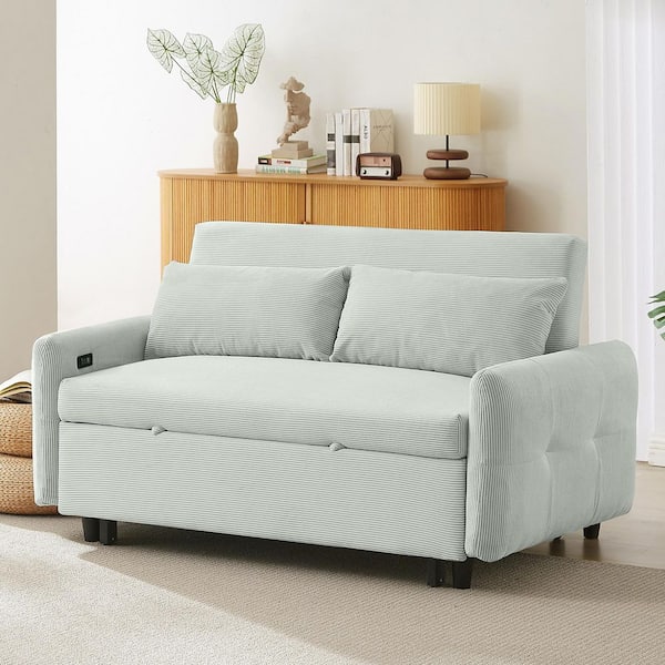 Caldor Modern 57.48 in. Pale Green Corduroy Upholstered Loveseat Twin Size Pull-Out Sofa Bed with Pillows and USB Ports