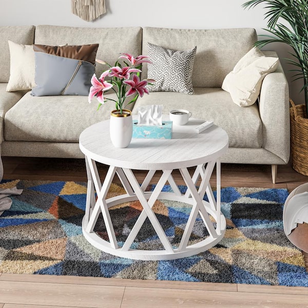 FUIN Rustic Farmhouse 32 in. White Round Wood Coffee Table with X-Motifs Legs