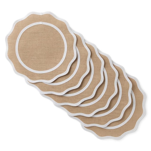 MARTHA STEWART Hessian Textured Wedge Border 15 in. x 15 in. Round Natural/White Jute Placemat Set (6-Piece)
