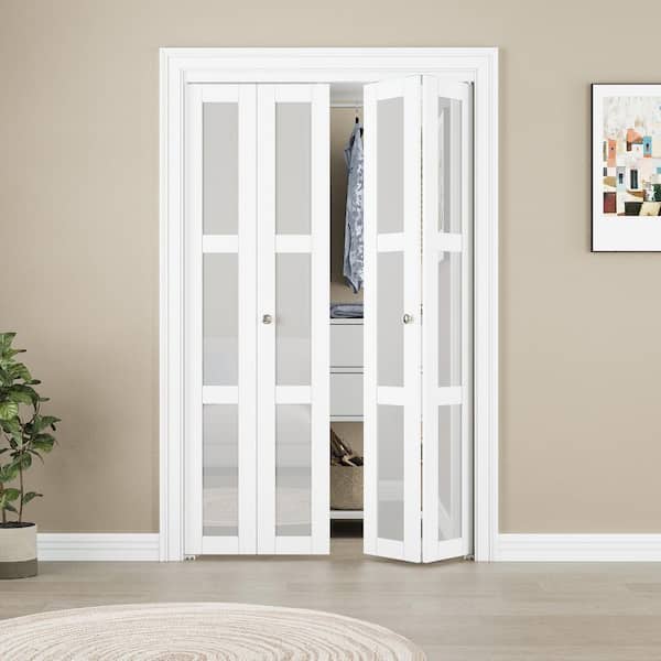 56 in. x 80 in. Solid Core Primed 3-Lite White Tempered Frosted Glass Wood Closet Bi-Fold Door with Hardware