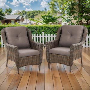 Chrysanthemum Armrest Series 2-Pack Outdoor Brown Wicker Outdoor Lounge Chair with CushionGuard Gray Cushions