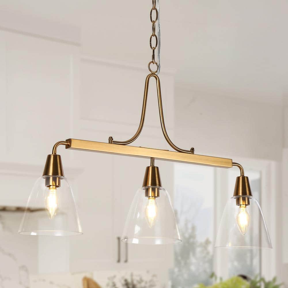 Minimalist Modern 3-Light Brass Linear Chandelier with Classic Bell Clear Glass Shades Island Pendant for Dining Room price history on PriceWatchPro