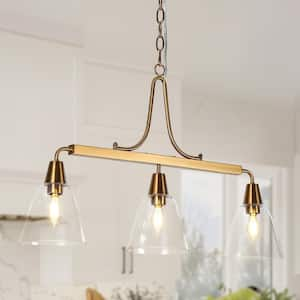 Minimalist Modern 3-Light Brass Linear Chandelier with Classic Bell Clear Glass Shades Island Pendant for Dining Room