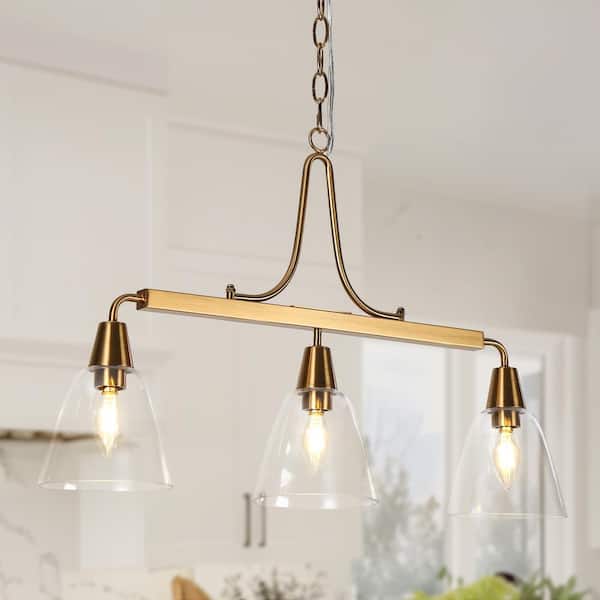 LNC Minimalist Modern 3-Light Brass Linear Chandelier with Classic Bell Clear Glass Shades Island Pendant for Dining Room