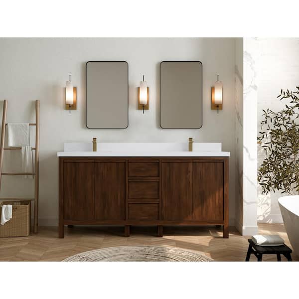 Willow Collections Elizabeth Teak 72 in. W x 22 in. D x 36 in. H Double Sink Bath Vanity in Dark Walnut with 2 in. White Qt. Top