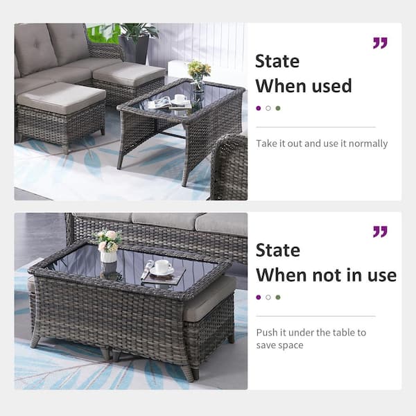 Gray 7-Piece Wicker Patio Conversation Set with Swivel Rockers, Outdoor Sofa Seating Set with Olefin Gray Cushions