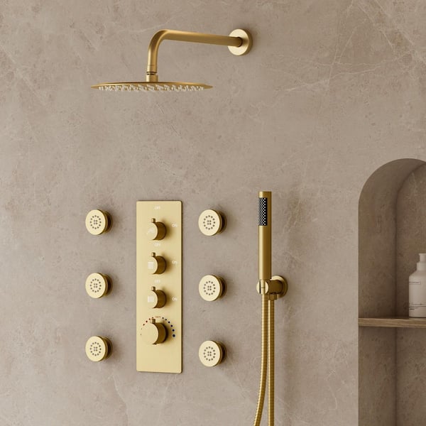 YAWWALK Thermostatic Valve 12 in. Wall Mount Triple Handle 7-Spray Patterns Shower Faucet With 6-Jets in Brushed Gold