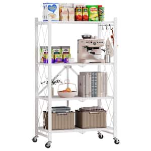 4-Tier White Foldable Metal Rack Storage Shelving Unit, Kitchen Shelf Pantry Organizer with Wheels