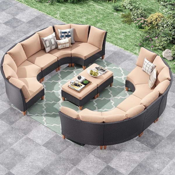 Outdoor 12-Piece Patio Furniture Set with Chairs Armless Sofa in Stain-Resistant Fabric with Beige Cushions