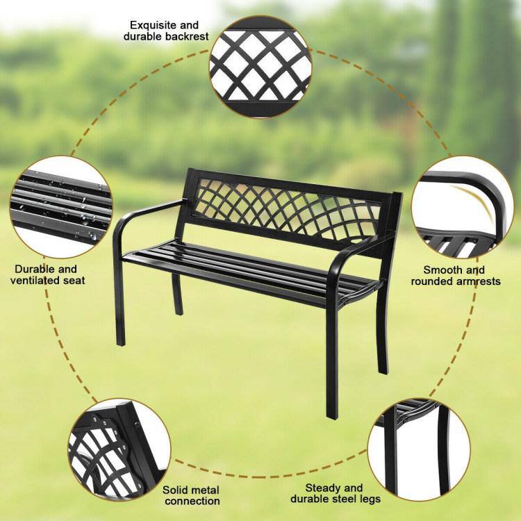 Black Steel Outdoor Bench with Mesh Backrest