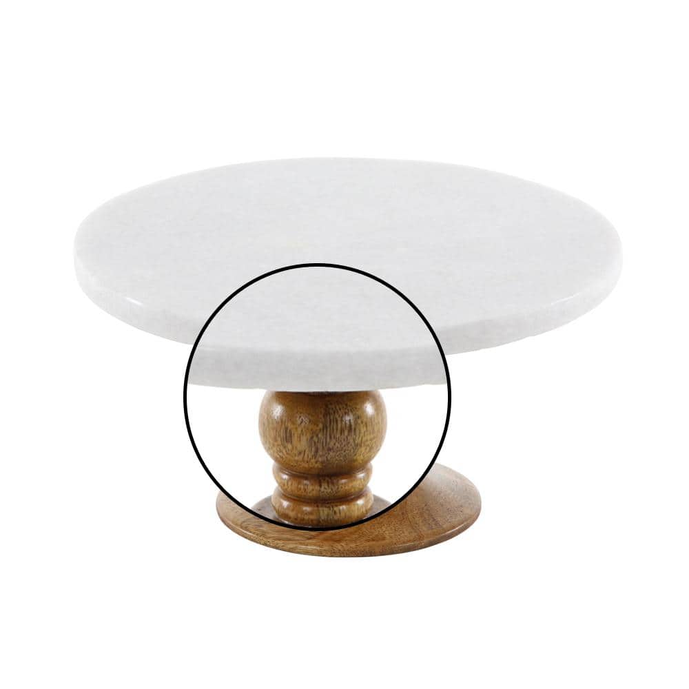 White Marble and Brown Wood Cake Stand, 10" x 5"