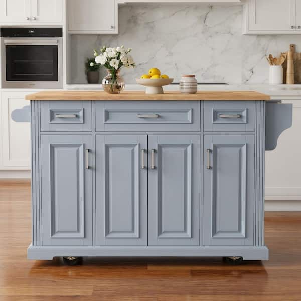 Gray Wood 53 in. Kitchen Island with 2 Bar Stools, Drop Leaf, 3-Power Outlet and 5 Open Side Racks for Kitchen Room