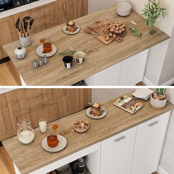 FUFU&GAGA White and Oak Wood 59.1 in. Kitchen Island with Drawers