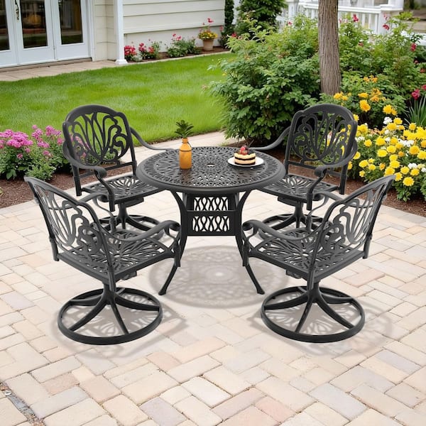 Black 5-Piece Cast Aluminum Patio Outdoor Dining Set with 4 Swivel Rockers with Brown Cushions and 35.43 in. Round Table
