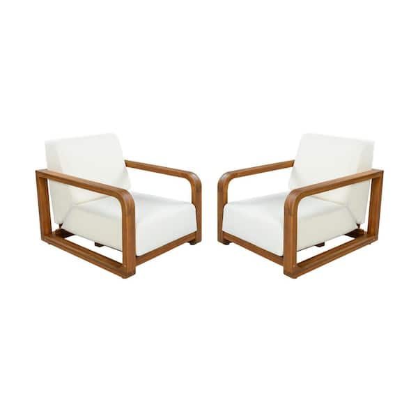 Kian Natural Solid Acacia Wood Patio Outdoor Lounge Chair with Beige Cushions and Oversized Deep Seat, Set of 2