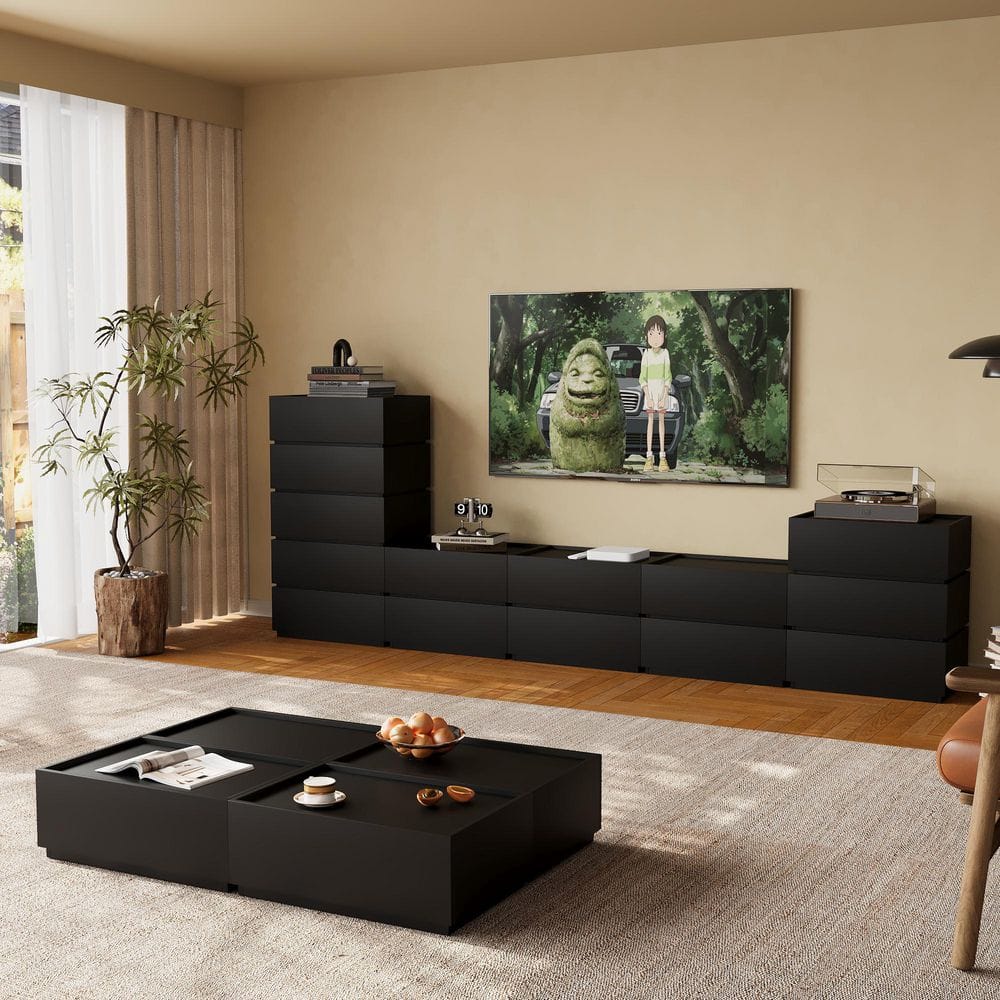 47.24 in. Black Rectangle MDF Wood Coffee Table Cabinet with 4 Drawer