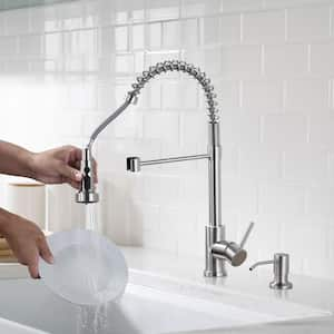 3-Spray Stainless Steel Spring Single Handle Pull Down Sprayer Kitchen Faucet with Soap Dispenser in Brushed Nickel