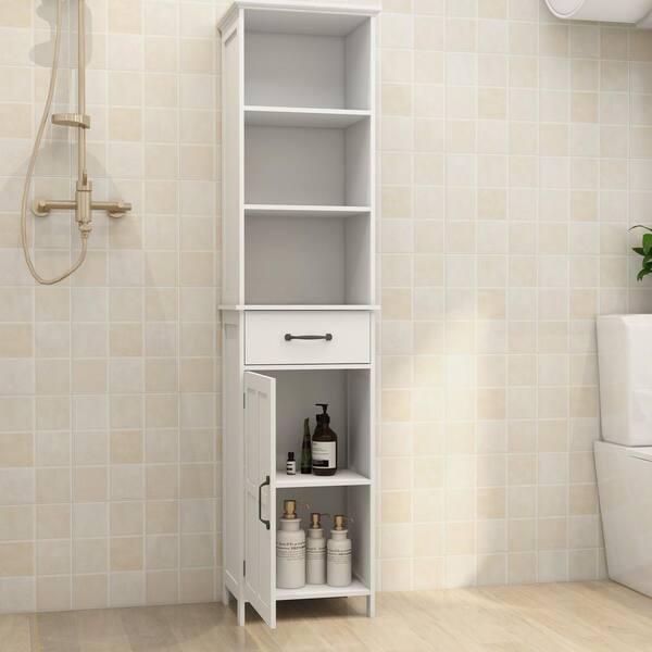  FurnitureR Laundry Bathroom Linen Closet Cabinet Floor Storage  Organizer Space Saving 2 Doors 6 Shelves for Living Room Entryway Bedroom,  11.9X11.9X63(H), H63+2Doors+6Shelves, White : Home & Kitchen