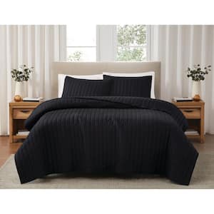 3-Piece Black Solid Cotton Percale Full/Queen Quilt Set