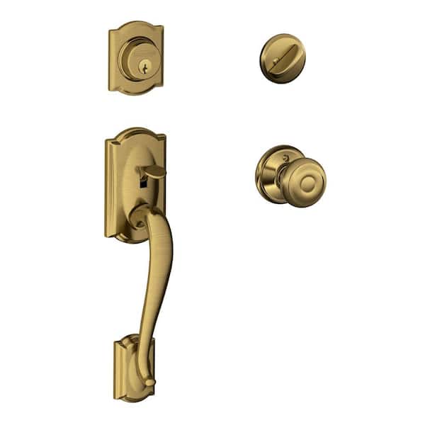 Schlage Camelot Antique Brass Single Cylinder Door Handleset with Georgian Knob