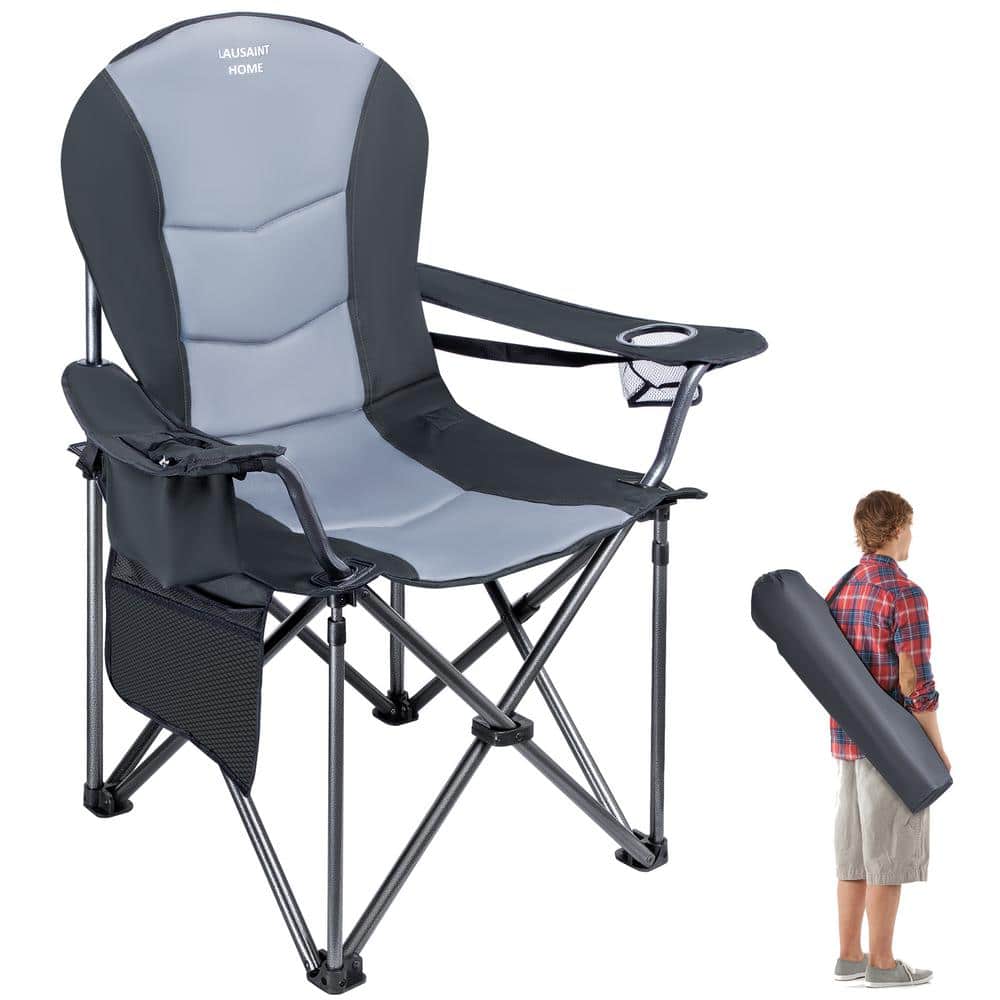 Black and Grey Folding Camping Chair, Portable Outdoor Padded Lawn Chair wi