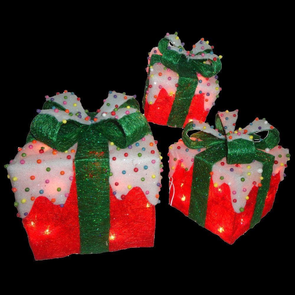 Sisal Battery Operated Christmas Decorations LED Gift Boxes Red Bow Parcel 3pcs 